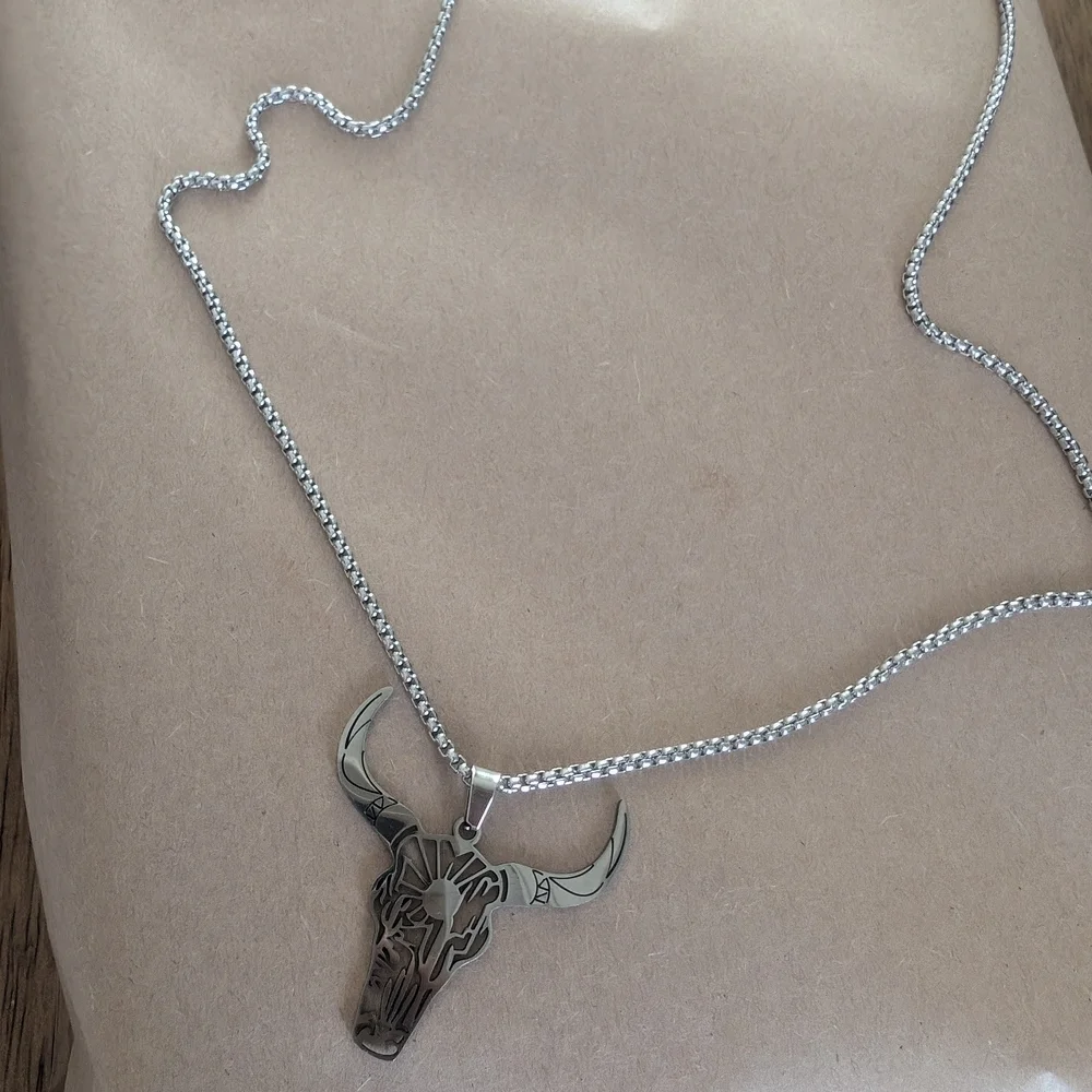 Stainless Steel Silver Bull Pendant Necklace